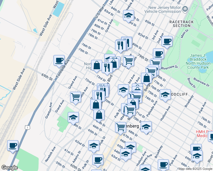 map of restaurants, bars, coffee shops, grocery stores, and more near 7231 John F. Kennedy Boulevard in North Bergen