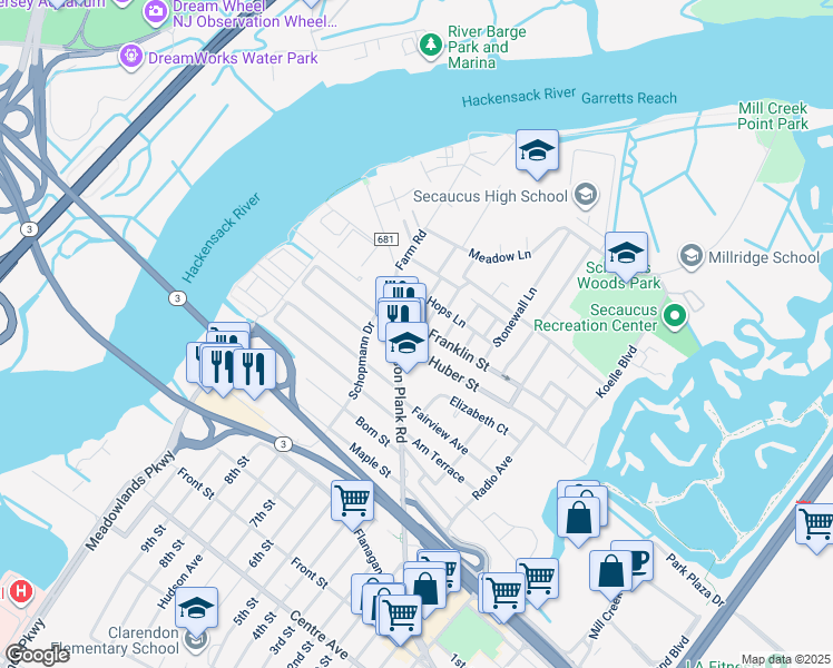 map of restaurants, bars, coffee shops, grocery stores, and more near 220 Franklin Street in Secaucus