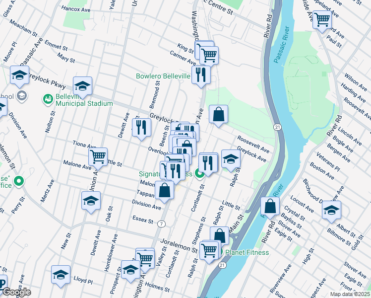 map of restaurants, bars, coffee shops, grocery stores, and more near 128 Floyd Street in Belleville