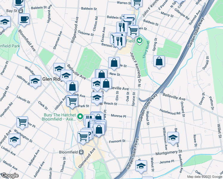 map of restaurants, bars, coffee shops, grocery stores, and more near 337 Belleville Avenue in Bloomfield