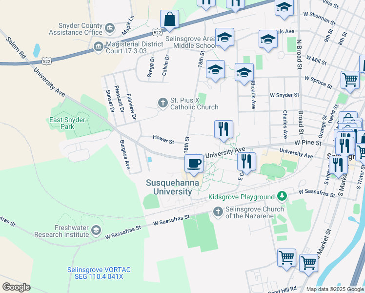 map of restaurants, bars, coffee shops, grocery stores, and more near 700 Hower Street in Selinsgrove
