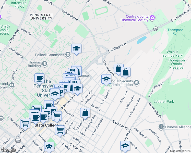 map of restaurants, bars, coffee shops, grocery stores, and more near 700 East Beaver Avenue in State College