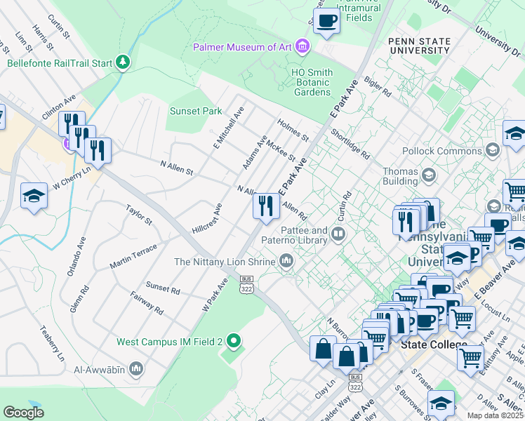 map of restaurants, bars, coffee shops, grocery stores, and more near 112 Ridge Avenue in State College