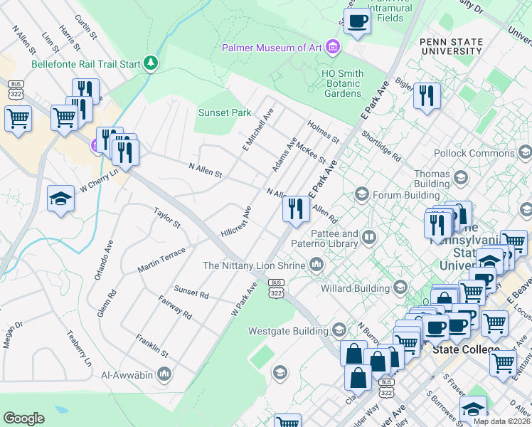 map of restaurants, bars, coffee shops, grocery stores, and more near Hillcrest Ave in State College