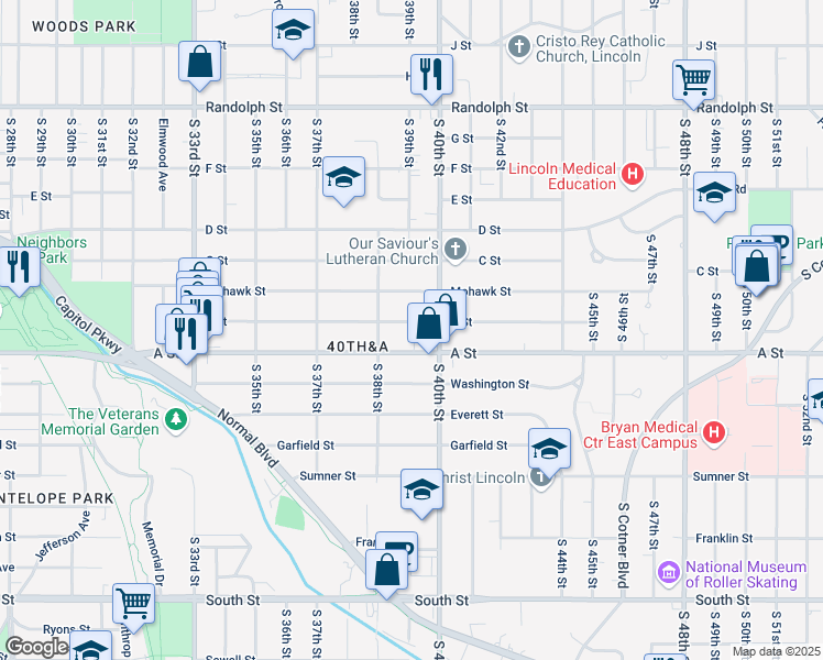 map of restaurants, bars, coffee shops, grocery stores, and more near 3850 B Street in Lincoln