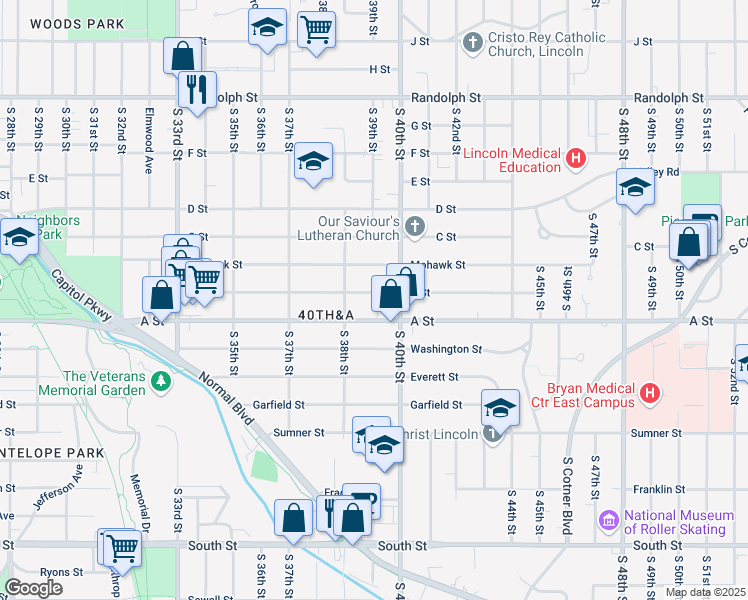map of restaurants, bars, coffee shops, grocery stores, and more near 3850 B Street in Lincoln