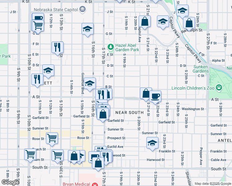 map of restaurants, bars, coffee shops, grocery stores, and more near 1827 B Street in Lincoln