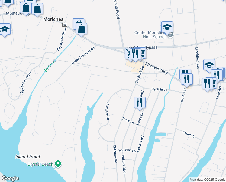 map of restaurants, bars, coffee shops, grocery stores, and more near 9 Hampton Drive in Center Moriches