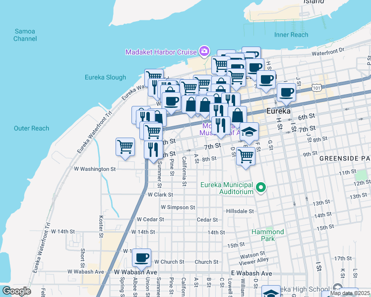 map of restaurants, bars, coffee shops, grocery stores, and more near 32 West 7th Street in Eureka