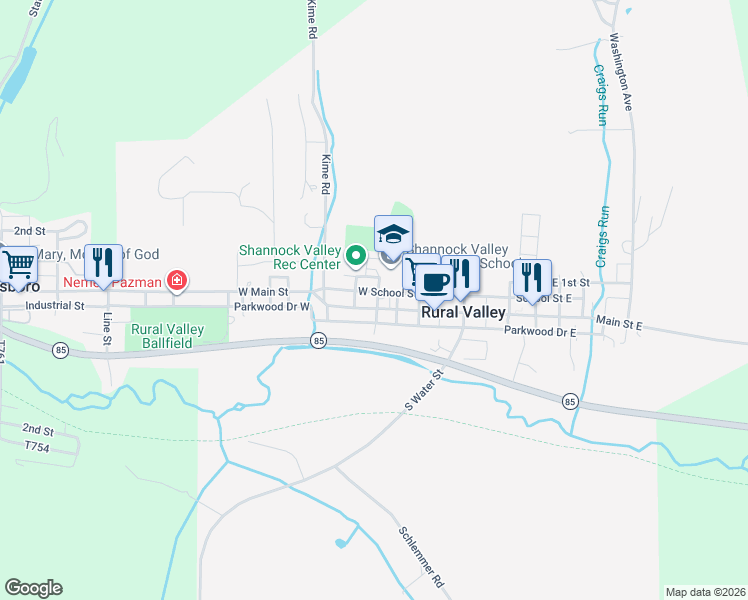 map of restaurants, bars, coffee shops, grocery stores, and more near 201 Cowanshannock Avenue in Rural Valley