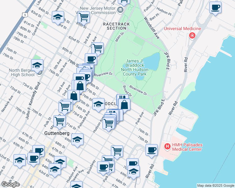map of restaurants, bars, coffee shops, grocery stores, and more near in North Bergen