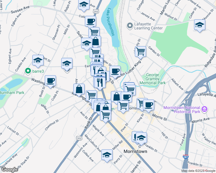 map of restaurants, bars, coffee shops, grocery stores, and more near 1120 Headquarters Plaza in Morristown