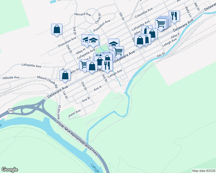 map of restaurants, bars, coffee shops, grocery stores, and more near 284 Avenue A in Palmerton