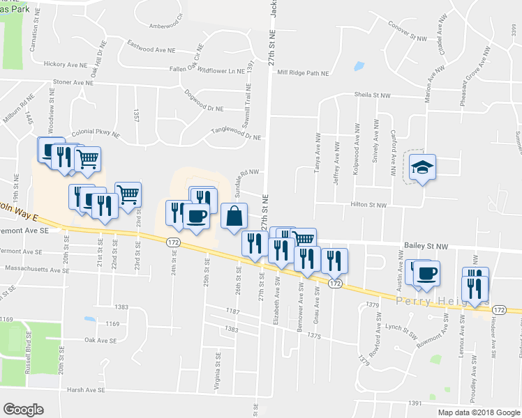 map of restaurants, bars, coffee shops, grocery stores, and more near 449 Jackson Avenue Northwest in Massillon