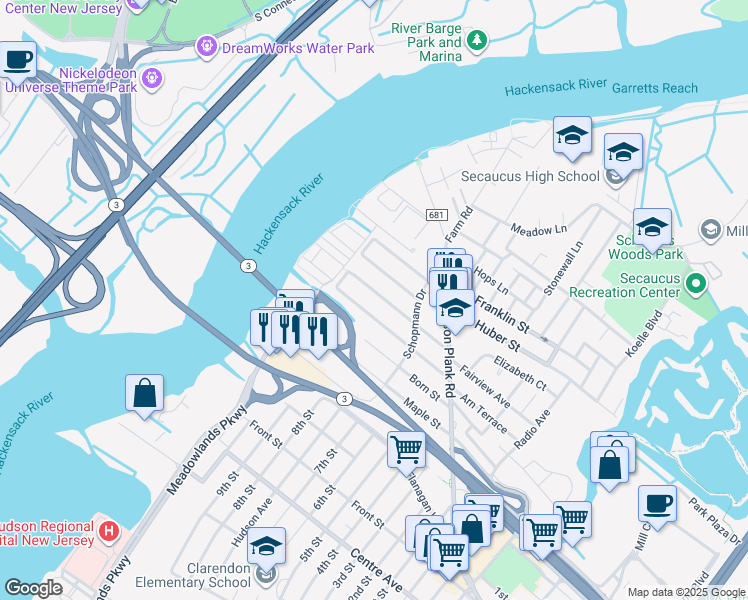 map of restaurants, bars, coffee shops, grocery stores, and more near 289 Julianne Terrace in Secaucus