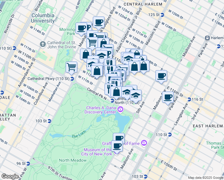 map of restaurants, bars, coffee shops, grocery stores, and more near 25 Saint Nicholas Avenue in New York