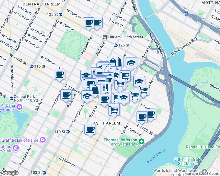 map of restaurants, bars, coffee shops, grocery stores, and more near 2193 3rd Avenue in New York