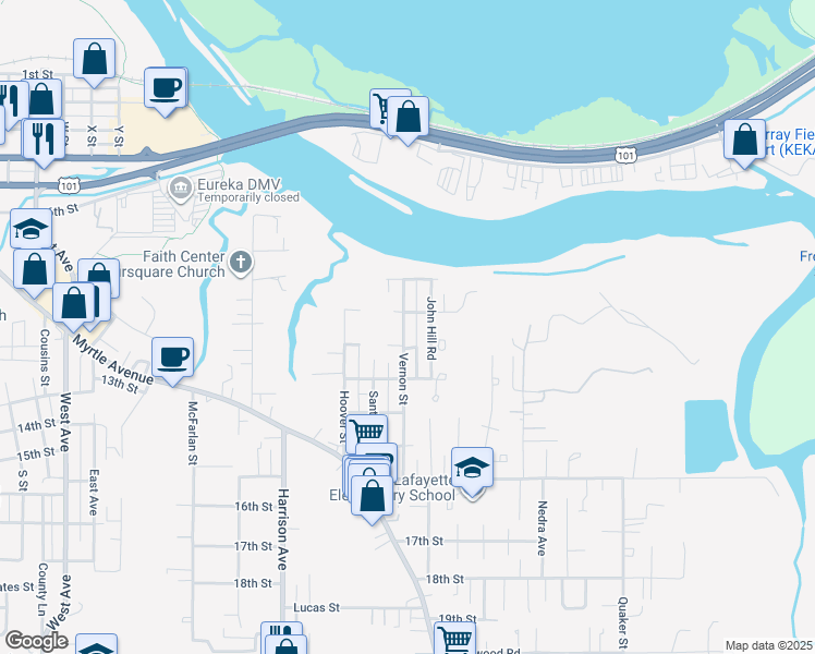 map of restaurants, bars, coffee shops, grocery stores, and more near 1123 Vernon Street in Eureka