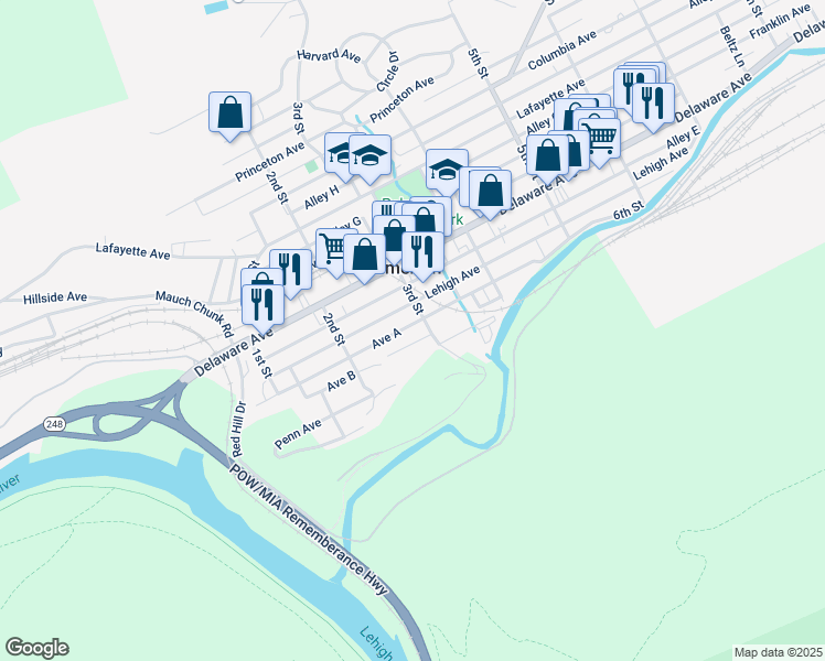 map of restaurants, bars, coffee shops, grocery stores, and more near 284 Avenue A in Palmerton