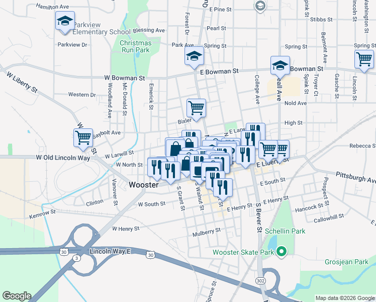 map of restaurants, bars, coffee shops, grocery stores, and more near 227 North Walnut Street in Wooster