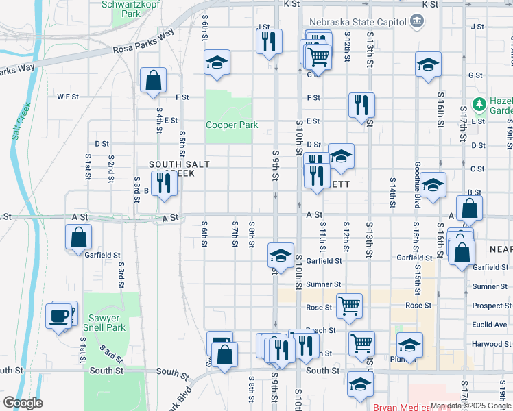 map of restaurants, bars, coffee shops, grocery stores, and more near 823 B Street in Lincoln