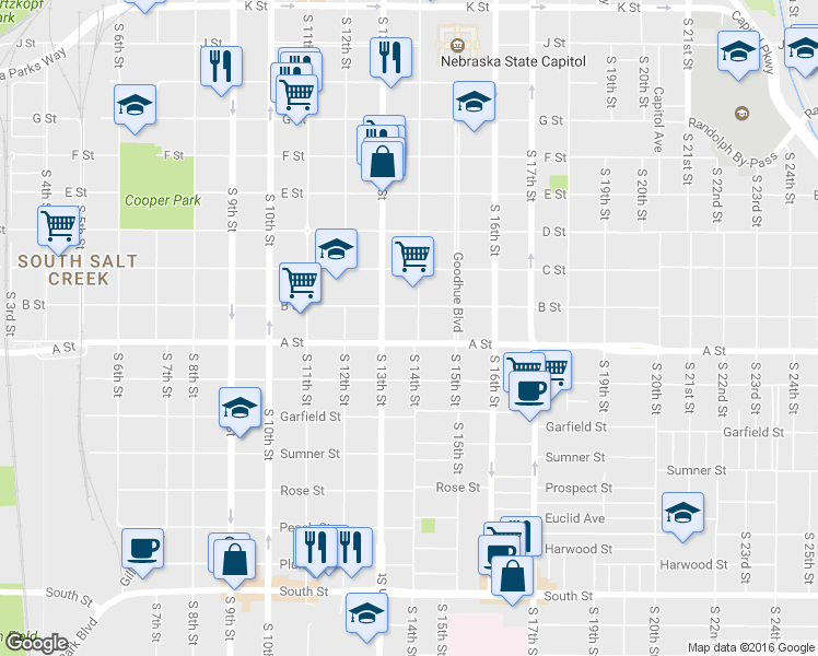 map of restaurants, bars, coffee shops, grocery stores, and more near 1321 B Street in Lincoln