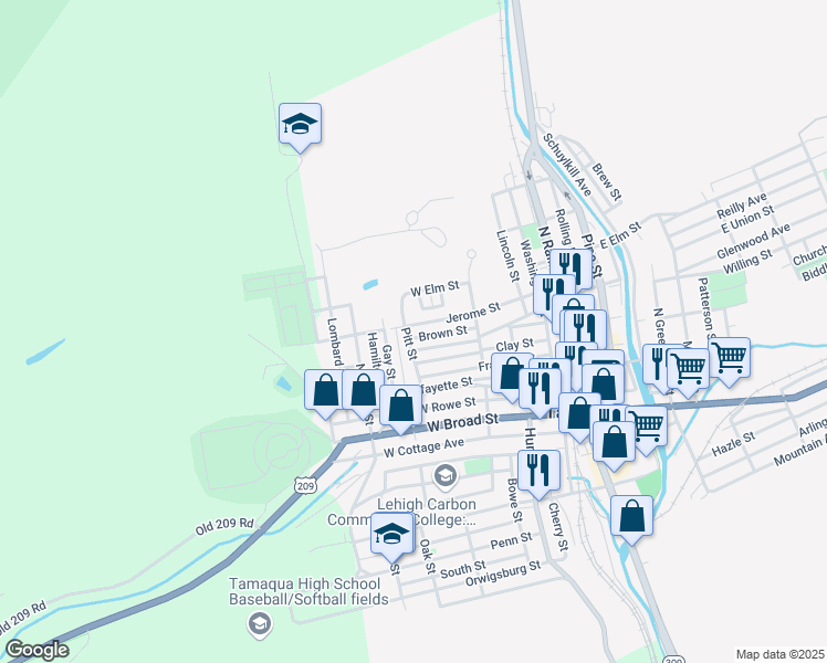 map of restaurants, bars, coffee shops, grocery stores, and more near 267 Brown Street in Tamaqua