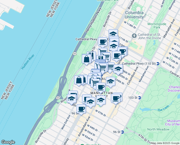 map of restaurants, bars, coffee shops, grocery stores, and more near 314 Riverside Drive in New York