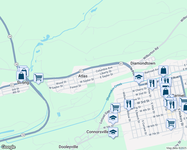 map of restaurants, bars, coffee shops, grocery stores, and more near 153 Liberty Street in Mount Carmel
