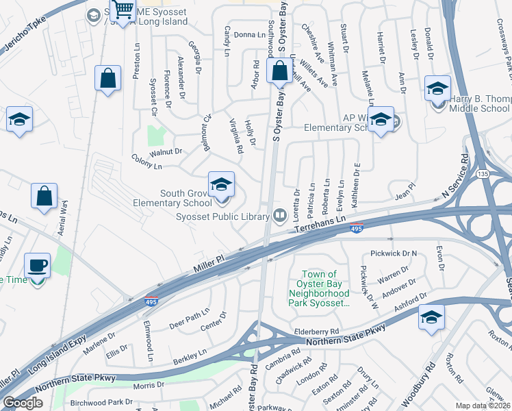 map of restaurants, bars, coffee shops, grocery stores, and more near 98 South Oyster Bay Road in Syosset