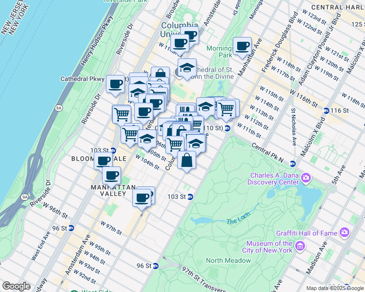map of restaurants, bars, coffee shops, grocery stores, and more near 965 Columbus Avenue in New York