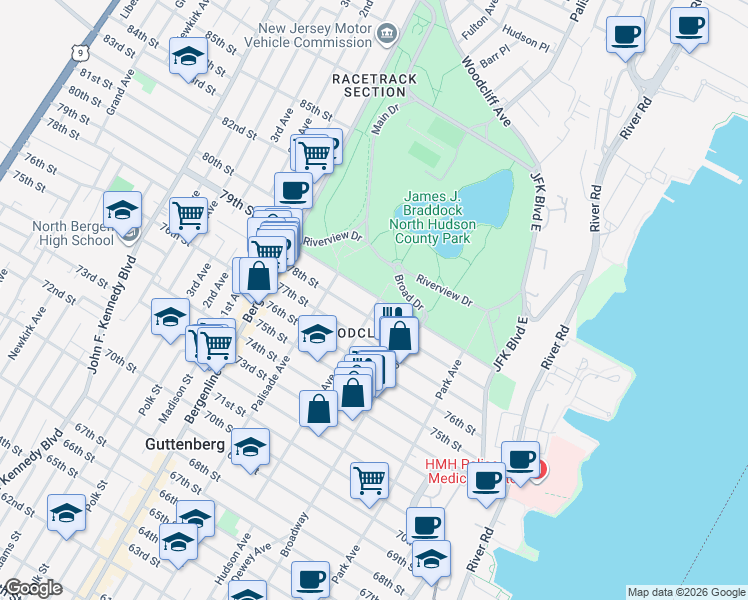 map of restaurants, bars, coffee shops, grocery stores, and more near in North Bergen