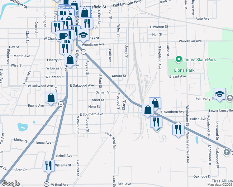 map of restaurants, bars, coffee shops, grocery stores, and more near 559 Hopley Avenue in Bucyrus