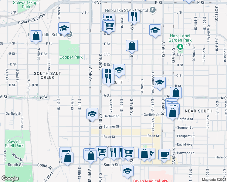 map of restaurants, bars, coffee shops, grocery stores, and more near 1324 South 11th Street in Lincoln