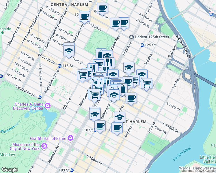 map of restaurants, bars, coffee shops, grocery stores, and more near 1649 Park Avenue in New York