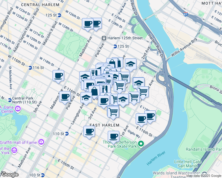 map of restaurants, bars, coffee shops, grocery stores, and more near 2193 3rd Avenue in New York