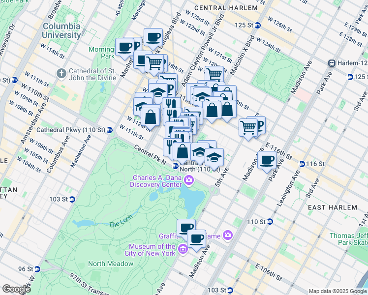 map of restaurants, bars, coffee shops, grocery stores, and more near 45 Lenox Avenue in New York