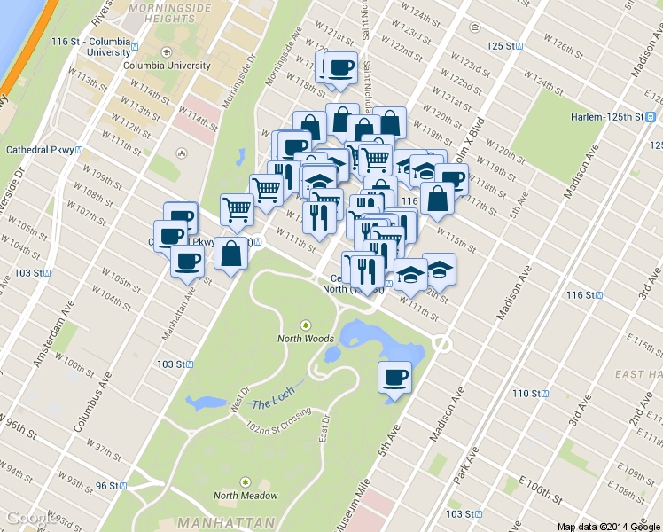 map of restaurants, bars, coffee shops, grocery stores, and more near 157 West 111th Street in New York