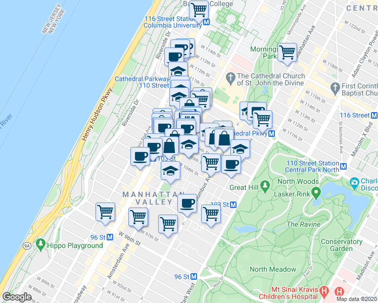 map of restaurants, bars, coffee shops, grocery stores, and more near 947 Amsterdam Avenue in New York
