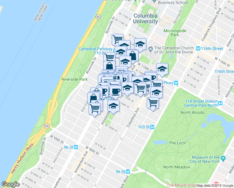 map of restaurants, bars, coffee shops, grocery stores, and more near 920 Amsterdam Avenue in New York
