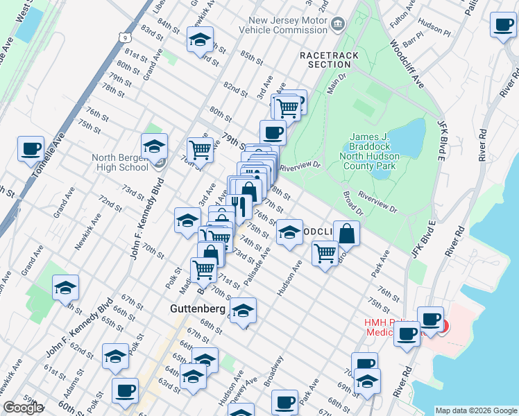 map of restaurants, bars, coffee shops, grocery stores, and more near 427 77th Street in North Bergen