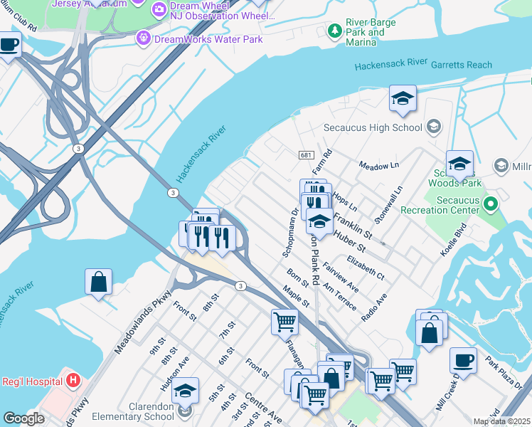 map of restaurants, bars, coffee shops, grocery stores, and more near 289 Julianne Terrace in Secaucus