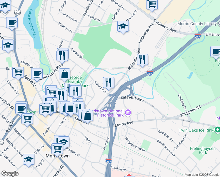 map of restaurants, bars, coffee shops, grocery stores, and more near 9 Legion Place in Morristown