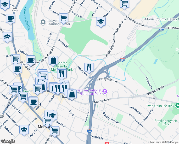 map of restaurants, bars, coffee shops, grocery stores, and more near 9 Legion Place in Morristown