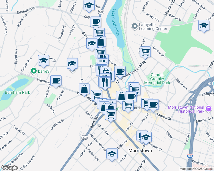 map of restaurants, bars, coffee shops, grocery stores, and more near in Morristown