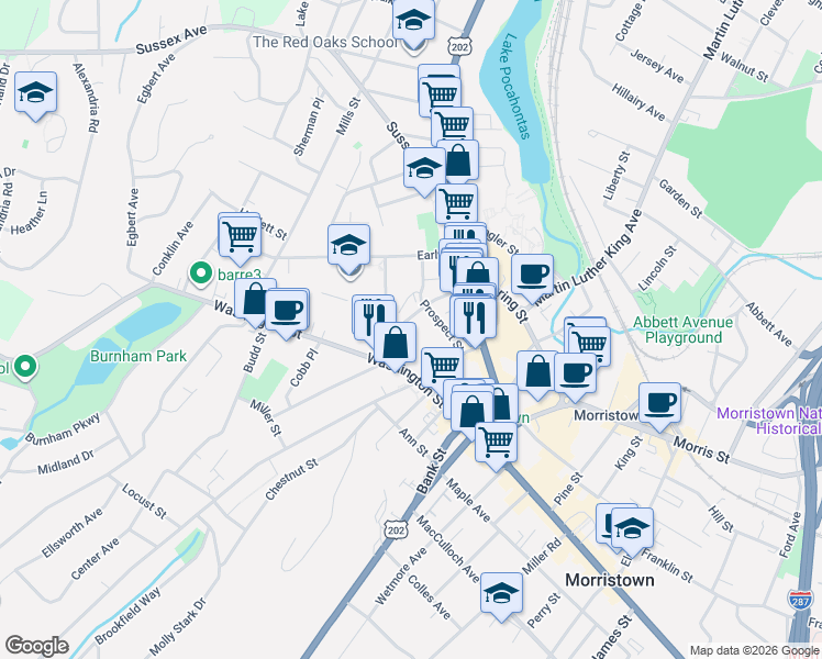 map of restaurants, bars, coffee shops, grocery stores, and more near 17 Clinton Street in Morristown