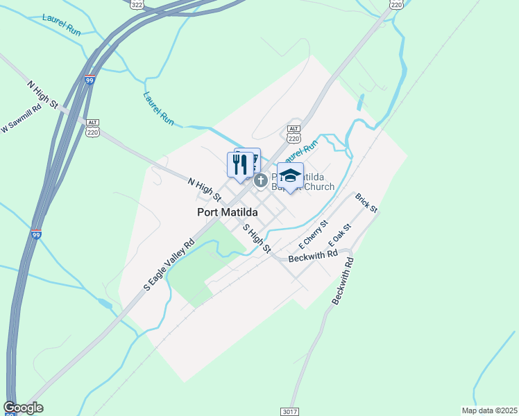 map of restaurants, bars, coffee shops, grocery stores, and more near 106-112 Main Street in Port Matilda