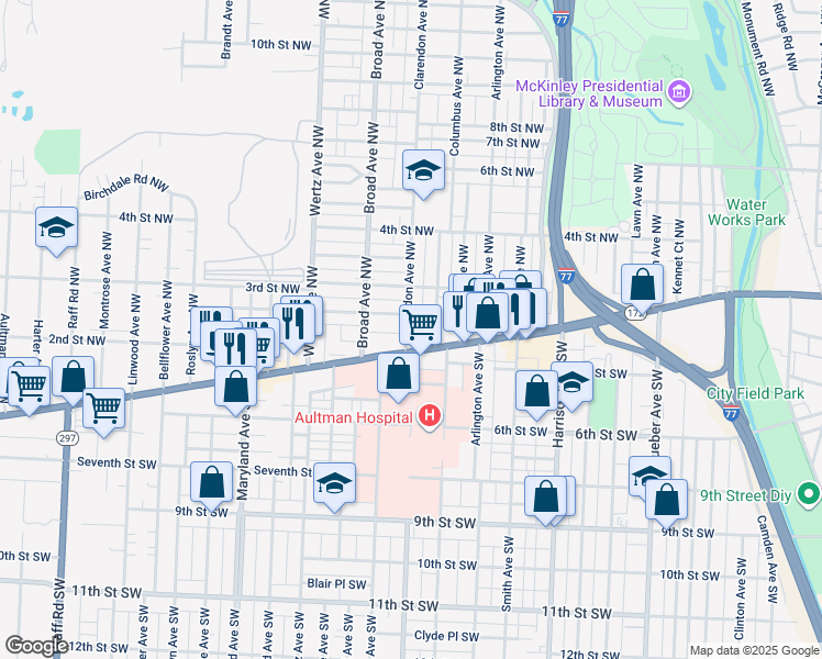 map of restaurants, bars, coffee shops, grocery stores, and more near 130 Clarendon Avenue Northwest in Canton