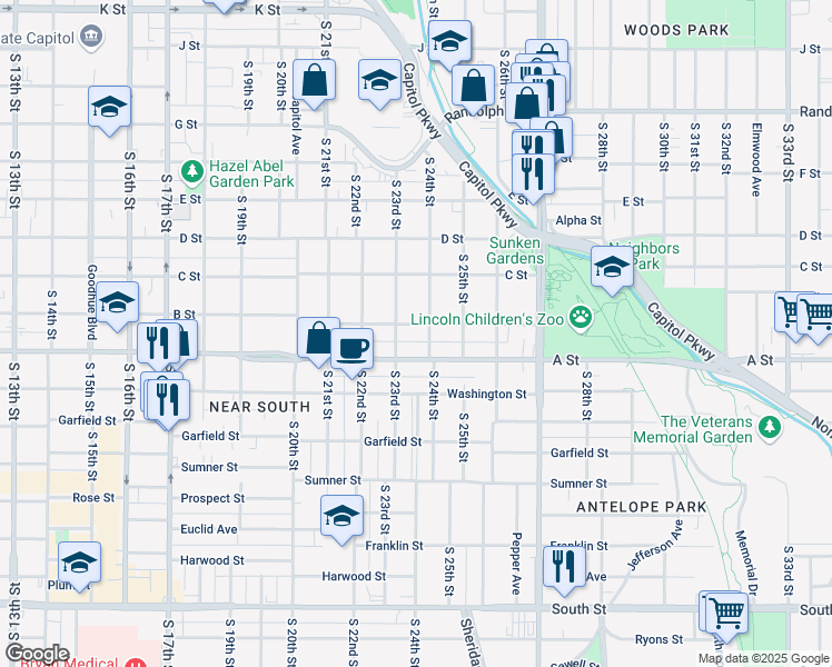map of restaurants, bars, coffee shops, grocery stores, and more near 2326 B Street in Lincoln