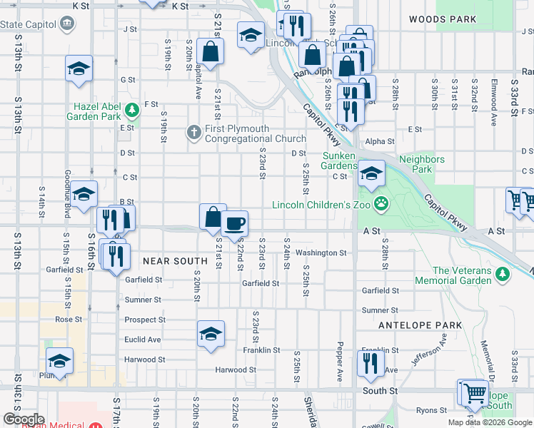 map of restaurants, bars, coffee shops, grocery stores, and more near 2326 B Street in Lincoln